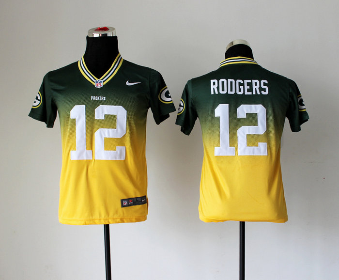 Youth NEW Green Bay Packers #12 Aaron Rodgers Green Yellow Drift Fashion II Youth NEW Green Bay Packers #12 Aaron Rodgers Green Yellow Drift Fashion II
