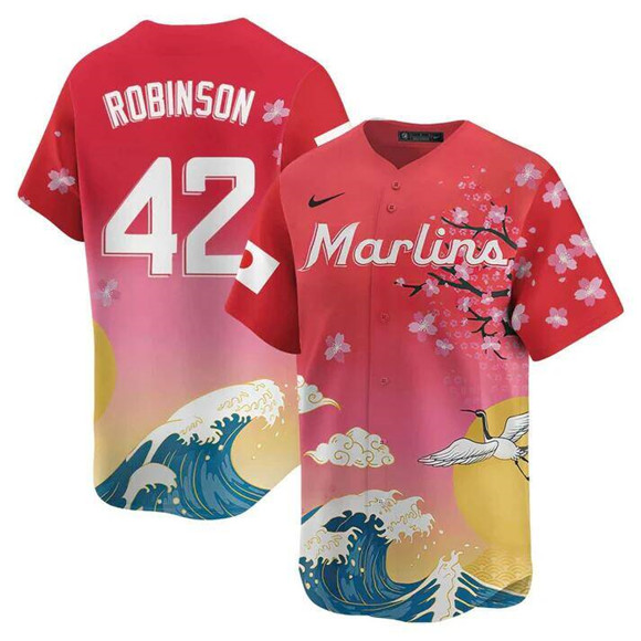 Men's Miami Marlins #42 Jackie Robinson Pink Japanese Heritage Night 2025 Limited Baseball Jersey Men's Miami Marlins #42 Jackie Robinson Pink Japanese Heritage Night 2025 Limited Baseball Jersey