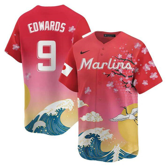 Men's Miami Marlins #9 Xavier Edwards Pink Japanese Heritage Night 2025 Limited Baseball Jersey Men's Miami Marlins #9 Xavier Edwards Pink Japanese Heritage Night 2025 Limited Baseball Jersey