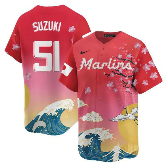 Men's Miami Marlins #51 Ichiro Suzuki Pink Japanese Heritage Night 2025 Limited Baseball Jersey Men's Miami Marlins #51 Ichiro Suzuki Pink Japanese Heritage Night 2025 Limited Baseball Jersey