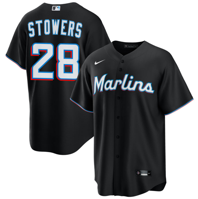 Men's Miami Marlins #28 Kyle Stowers Black Cool Base Stitched Baseball Jersey
