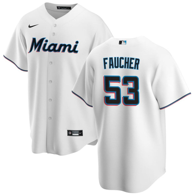 Men's Miami Marlins #53 Calvin Faucher White Cool Base Stitched Baseball Jersey Men's Miami Marlins #53 Calvin Faucher White Cool Base Stitched Baseball Jersey