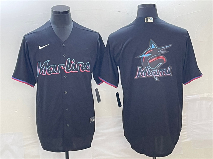 Men's Miami Marlins Black Team Big Logo Cool Base Stitched Baseball Jersey Men's Miami Marlins Black Team Big Logo Cool Base Stitched Baseball Jersey