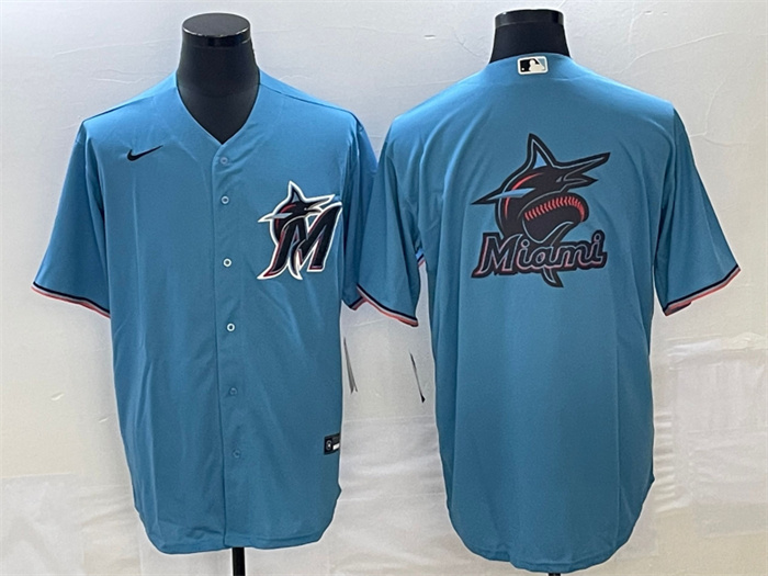 Men's Miami Marlins Blue Team Big Logo Cool Base Stitched Baseball Jersey Men's Miami Marlins Blue Team Big Logo Cool Base Stitched Baseball Jersey