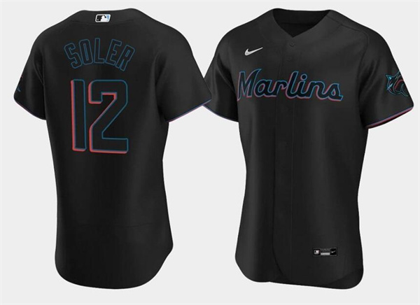 Men's Miami Marlins #12 Jorge Soler Black Flex Base Stitched Jersey Men's Miami Marlins #12 Jorge Soler Black Flex Base Stitched Jersey
