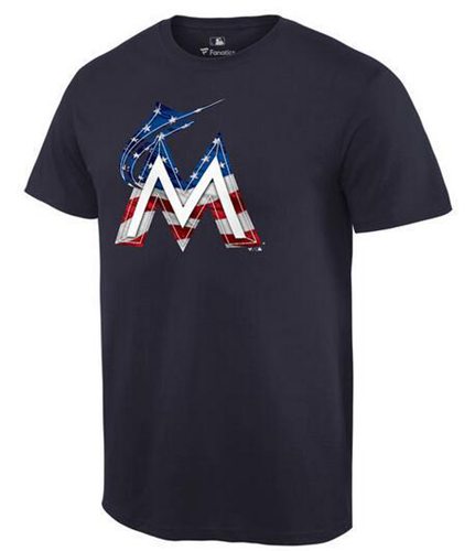 Men's Miami Marlins USA Flag Fashion T-Shirt Navy Blue