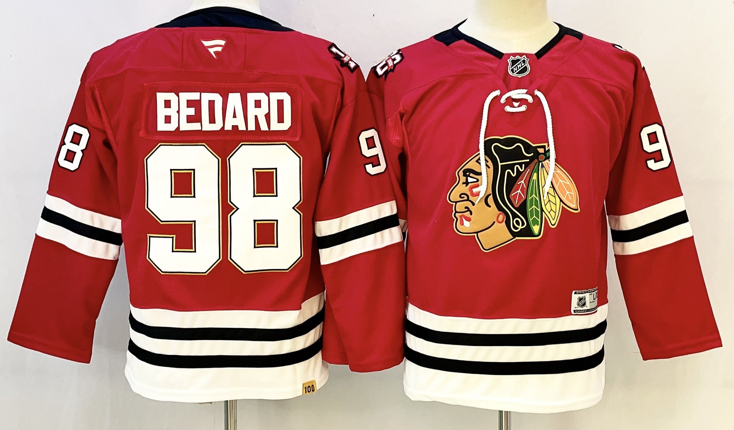 Youth Chicago Blackhawks #98 Connor Bedard Red 2025 Home 100th Anniversary Stitched Hockey Jersey Youth Chicago Blackhawks #98 Connor Bedard Red 2025 Home 100th Anniversary Stitched Hockey Jersey