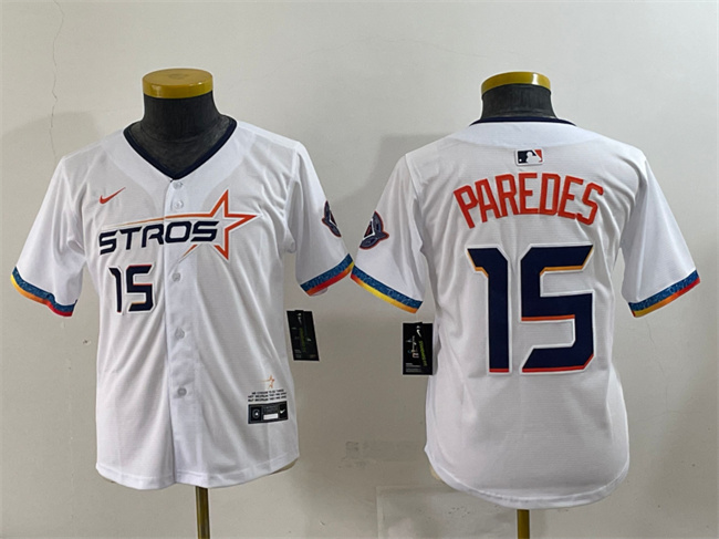 Youth Houston Astros #15 Isaac Paredes White 2025 City Connect Limited Stitched Baseball Jersey Youth Houston Astros #15 Isaac Paredes White 2025 City Connect Limited Stitched Baseball Jersey