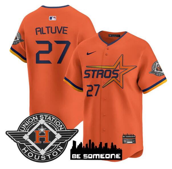Youth Houston Astros #27 Jose Altuve Orange 2025 City Connect Limited Stitched Baseball Jersey Youth Houston Astros #27 Jose Altuve Orange 2025 City Connect Limited Stitched Baseball Jersey