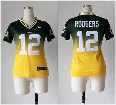 Women NEW Green Bay Packers #12 Aaron Rodgers Green Yellow Drift Fashion II Women NEW Green Bay Packers #12 Aaron Rodgers Green Yellow Drift Fashion II