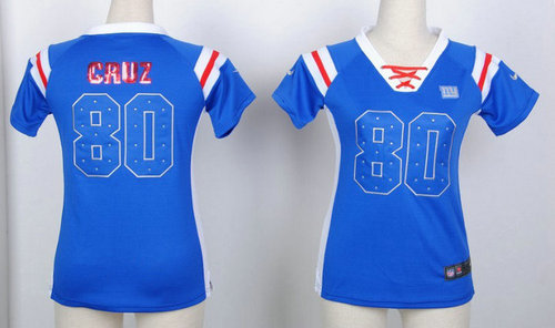 New York Giants 80 Victor Cruz Womens Draft Him Shimmer V-Neck T-Shirt - Royal Blue