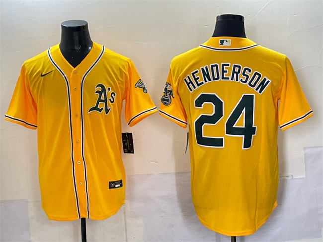 Men's Oakland Athletics #24 Rickey Henderson Yellow With Patch Stitched Baseball Jersey Men's Oakland Athletics #24 Rickey Henderson Yellow With Patch Stitched Baseball Jersey