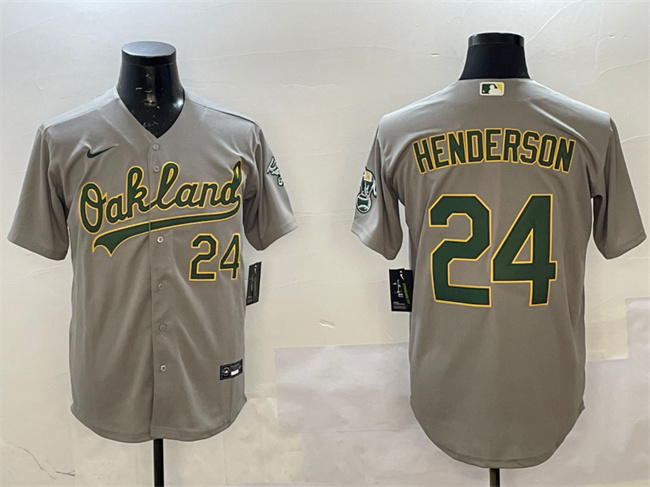 Men's Oakland Athletics #24 Ricky Henderson Grey With Patch Stitched Baseball Jersey Men's Oakland Athletics #24 Ricky Henderson Grey With Patch Stitched Baseball Jersey
