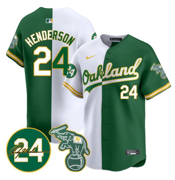 Men's Oakland Athletics #24 Ricky Henderson White Green Split 2024 Limited With Patch Stitched Jersey Men's Oakland Athletics #24 Ricky Henderson White Green Split 2024 Limited With Patch Stitched Jersey