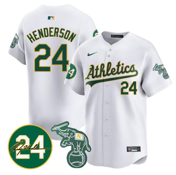 Men's Oakland Athletics #24 Ricky Henderson White 2024 Home Limited With Patch Stitched Jersey Men's Oakland Athletics #24 Ricky Henderson White 2024 Home Limited With Patch Stitched Jersey