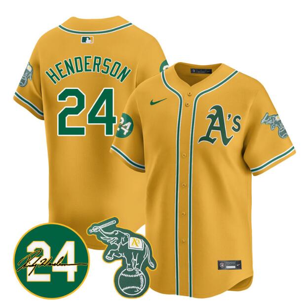 Men's Oakland Athletics #24 Ricky Henderson Yellow 2024 Limited With Patch Stitched Jersey Men's Oakland Athletics #24 Ricky Henderson Yellow 2024 Limited With Patch Stitched Jersey