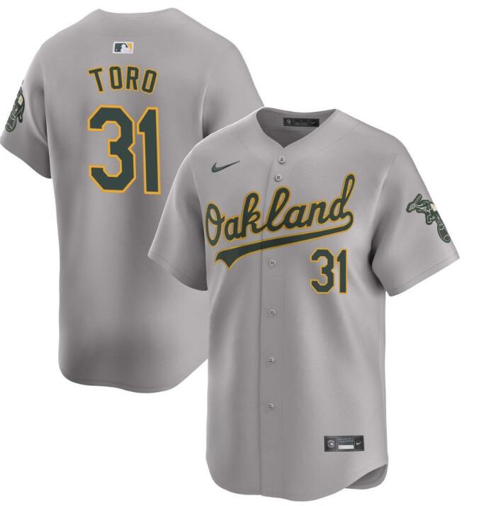 Men's Oakland Athletics #31 Abraham Toro Grey 2024 Away Limited Stitched Jersey Men's Oakland Athletics #31 Abraham Toro Grey 2024 Away Limited Stitched Jersey