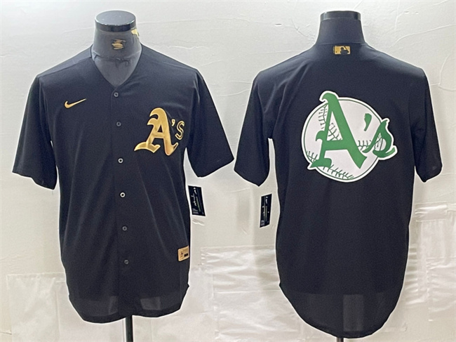 Men's Oakland Athletics Black Gold Team Big Logo Cool Base Stitched Baseball Jersey 2 Men's Oakland Athletics Black Gold Team Big Logo Cool Base Stitched Baseball Jersey 2