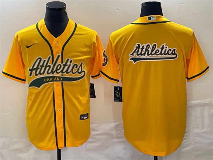 Men's Oakland Athletics Yellow Team Big Logo Cool Base Stitched Baseball Jersey 002 Men's Oakland Athletics Yellow Team Big Logo Cool Base Stitched Baseball Jersey 002