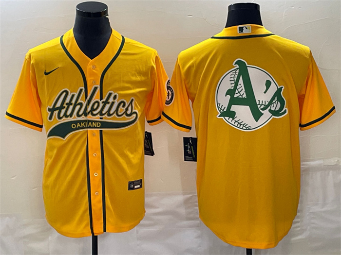 Men's Oakland Athletics Yellow Team Big Logo Cool Base Stitched Baseball Jersey 001 Men's Oakland Athletics Yellow Team Big Logo Cool Base Stitched Baseball Jersey 001