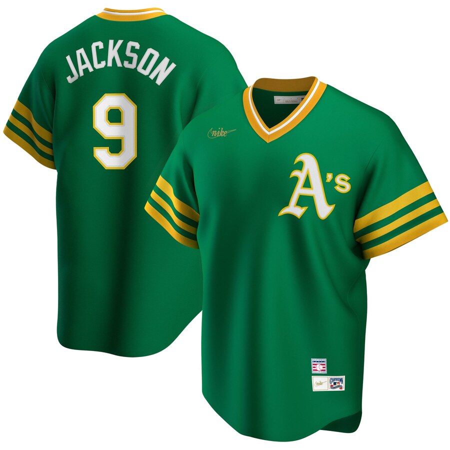 Oakland Athletics #9 Reggie Jackson Nike Road Cooperstown Collection Player MLB Jersey Kelly Green Oakland Athletics #9 Reggie Jackson Nike Road Cooperstown Collection Player MLB Jersey Kelly Green