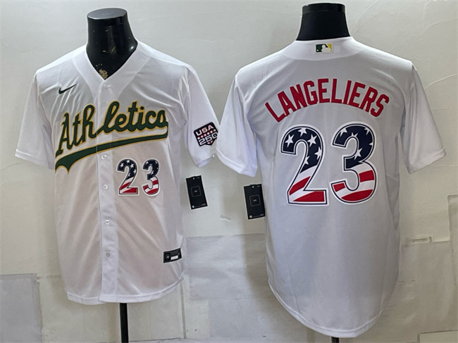 Men's Oakland Athletics #23 Shea Langeliers White 250 Fourth of July Home Stadium Stitched Baseball Jersey Men's Oakland Athletics #23 Shea Langeliers White 250 Fourth of July Home Stadium Stitched Baseball Jersey