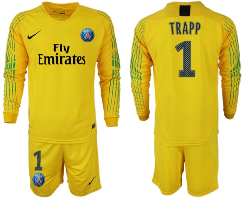 Paris Saint-Germain #1 Trapp Yellow Goalkeeper Long Sleeves Soccer Club Jersey Paris Saint-Germain #1 Trapp Yellow Goalkeeper Long Sleeves Soccer Club Jersey