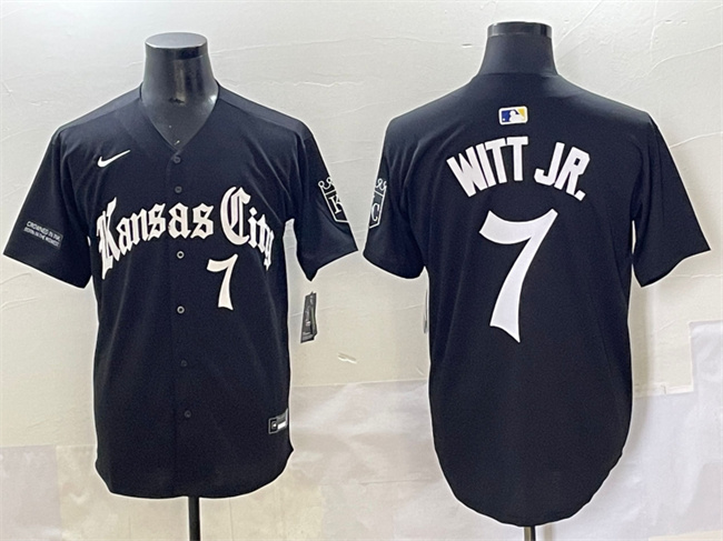 Men's Kansas City Royals #7 Bobby Witt Jr. Black 'Gothic Crown Edition' Vapor Premier Limited Stitched Baseball Jersey Men's Kansas City Royals #7 Bobby Witt Jr. Black 'Gothic Crown Edition' Vapor Premier Limited Stitched Baseball Jersey