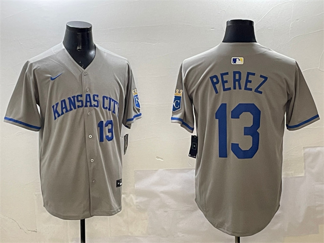 Men's Kansas City Royals #13 Salvador Perez Grey 2024 Away Limited Stitched Baseball Jersey Men's Kansas City Royals #13 Salvador Perez Grey 2024 Away Limited Stitched Baseball Jersey