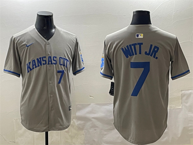 Men's Kansas City Royals #7 Bobby Witt Jr. Grey 2024 Away Limited Stitched Baseball Jersey Men's Kansas City Royals #7 Bobby Witt Jr. Grey 2024 Away Limited Stitched Baseball Jersey