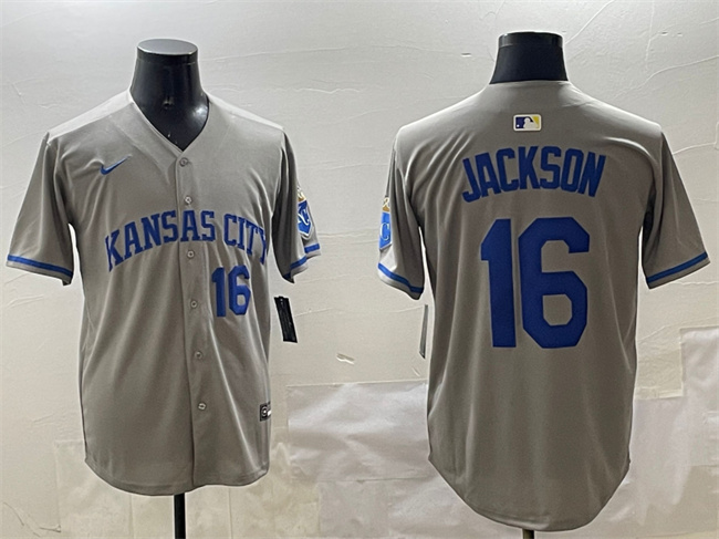 Men's Kansas City Royals #16 Bo Jackson Grey 2024 Away Limited Stitched Baseball Jersey Men's Kansas City Royals #16 Bo Jackson Grey 2024 Away Limited Stitched Baseball Jersey