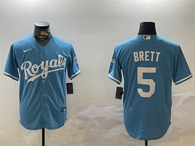 Men's Kansas City Royals #5 George Brett Blue Cool Base Stitched Baseball Jersey Men's Kansas City Royals #5 George Brett Blue Cool Base Stitched Baseball Jersey