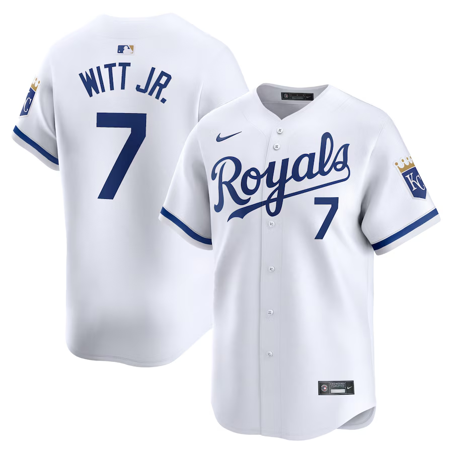 Men's Kansas City Royals #7 Bobby Witt Jr. White 2024 Home Limited Stitched Baseball Jersey Men's Kansas City Royals #7 Bobby Witt Jr. White 2024 Home Limited Stitched Baseball Jersey