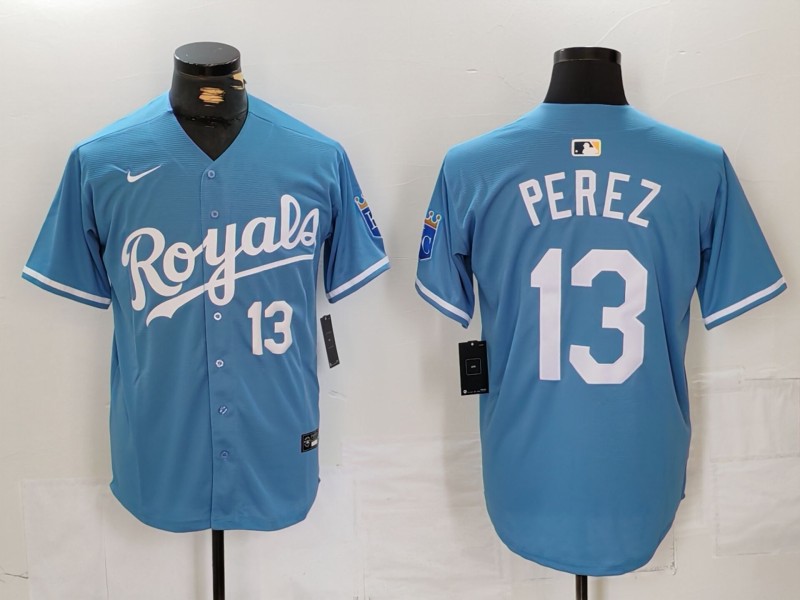 Men's Kansas City Royals #13 Salvador Perez Light Blue Cool Base Stitched Jersey 2 Men's Kansas City Royals #13 Salvador Perez Light Blue Cool Base Stitched Jersey 2