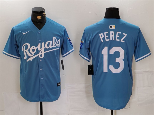 Men's Kansas City Royals #13 Salvador Perez Light Blue Cool Base Stitched Jersey Men's Kansas City Royals #13 Salvador Perez Light Blue Cool Base Stitched Jersey