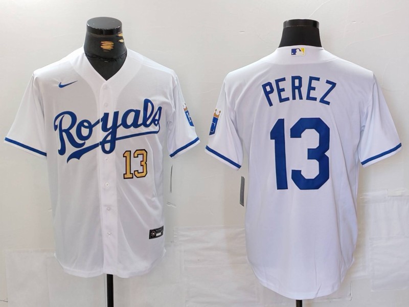 Men's Kansas City Royals #13 Salvador Perez White Cool Base Stitched Jersey 2 Men's Kansas City Royals #13 Salvador Perez White Cool Base Stitched Jersey 2