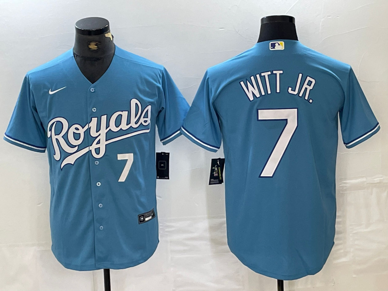 Men's Kansas City Royals #7 Bobby Witt Jr. Light Blue 2024 Alternate Limited Stitched Baseball Jersey Men's Kansas City Royals #7 Bobby Witt Jr. Light Blue 2024 Alternate Limited Stitched Baseball Jersey