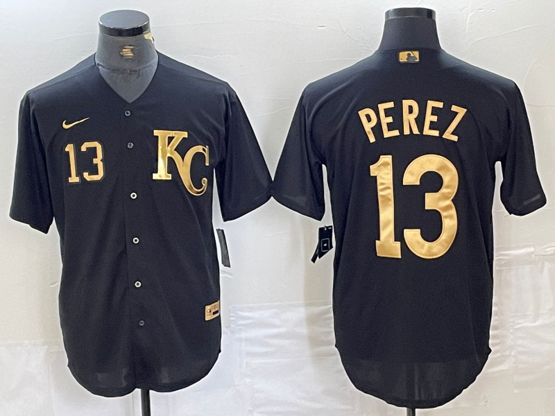 Men's Kansas City Royals #13 Salvador Perez Black Gold Cool Base Stitched Jersey 2 Men's Kansas City Royals #13 Salvador Perez Black Gold Cool Base Stitched Jersey 2