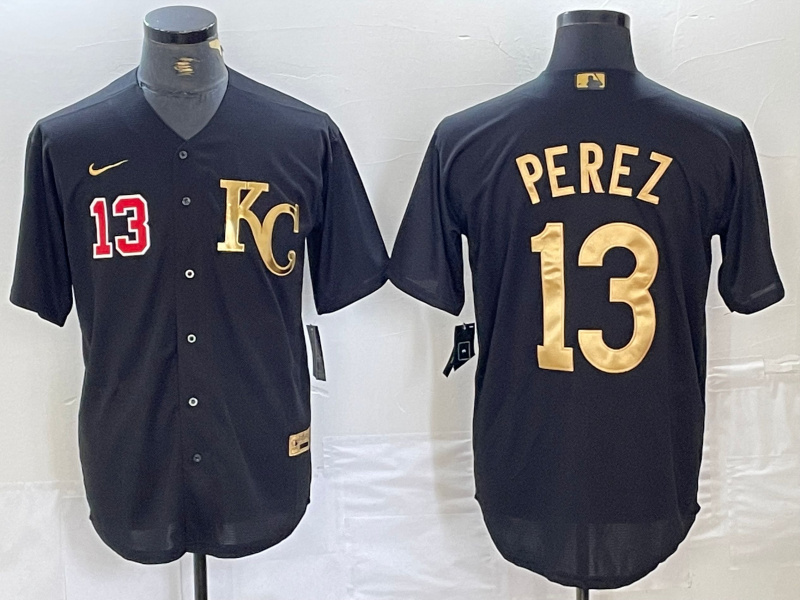 Men's Kansas City Royals #13 Salvador Perez Black Gold Cool Base Stitched Jersey5 Men's Kansas City Royals #13 Salvador Perez Black Gold Cool Base Stitched Jersey5