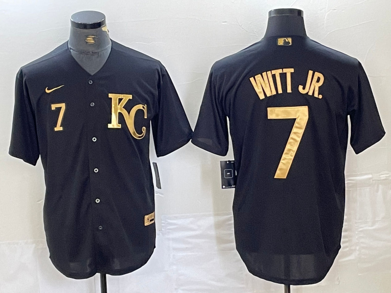 Men's Kansas City Royals #7 Bobby Witt Jr. Black Cool Base Stitched Jersey 4 Men's Kansas City Royals #7 Bobby Witt Jr. Black Cool Base Stitched Jersey 4