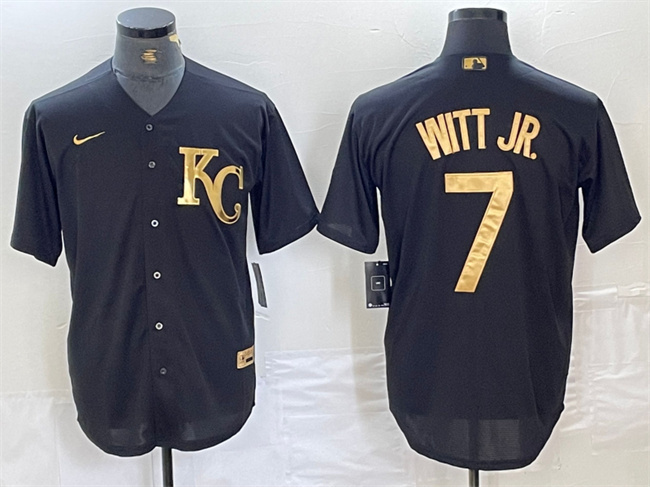 Men's Kansas City Royals #7 Bobby Witt Jr. Black Cool Base Stitched Jersey Men's Kansas City Royals #7 Bobby Witt Jr. Black Cool Base Stitched Jersey
