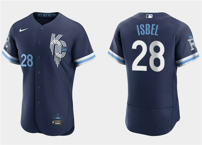 Men's Kansas City Royals #28 Kyle Isbel Navy City Connect Flex Base Stitched MLB Jersey Men's Kansas City Royals #28 Kyle Isbel Navy City Connect Flex Base Stitched MLB Jersey