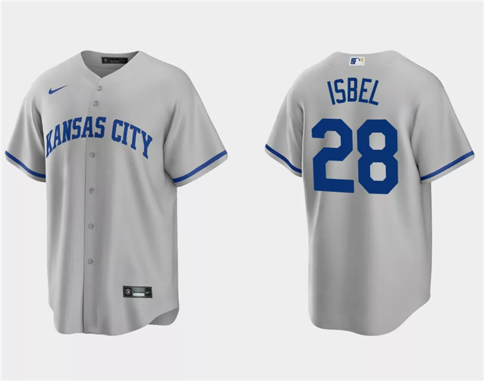 Men's Kansas City Royals #28 Kyle Isbel Grey Cool Base Stitched Baseball Jersey Men's Kansas City Royals #28 Kyle Isbel Grey Cool Base Stitched Baseball Jersey
