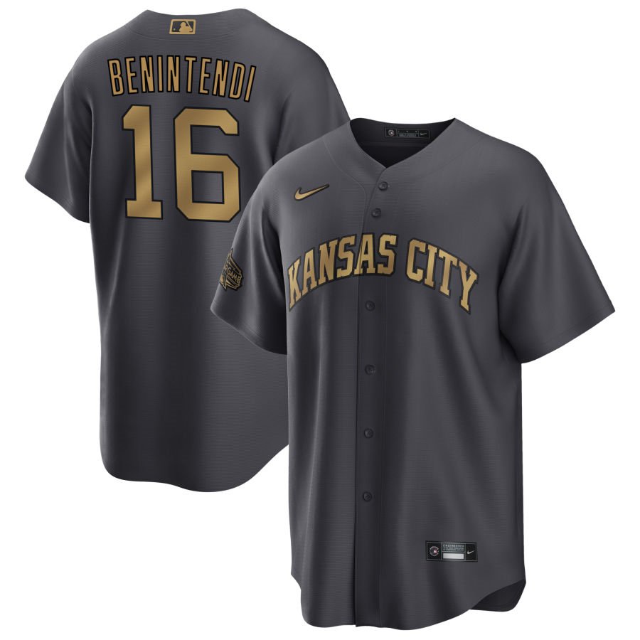 Men's Kansas City Royals #16 Andrew Benintendi 2022 All-Star Charcoal Cool Base Stitched Baseball Jersey Men's Kansas City Royals #16 Andrew Benintendi 2022 All-Star Charcoal Cool Base Stitched Baseball Jersey