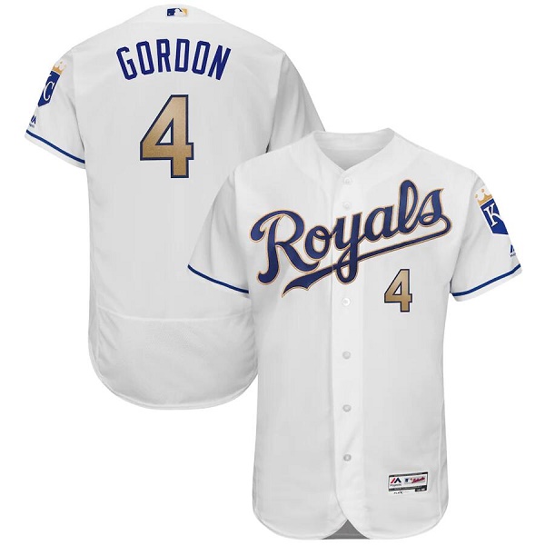 Men's Kansas City Royals #4 Alex Gordon White Gold Flex Base Stitched Jersey Men's Kansas City Royals #4 Alex Gordon White Gold Flex Base Stitched Jersey
