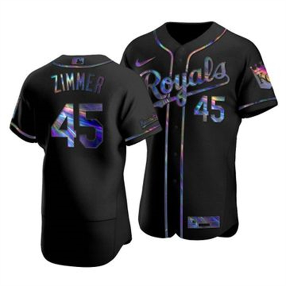 Kansas City Royals #45 Kyle Zimmer Men's Nike Iridescent Holographic Collection MLB Jersey - Black Kansas City Royals #45 Kyle Zimmer Men's Nike Iridescent Holographic Collection MLB Jersey - Black