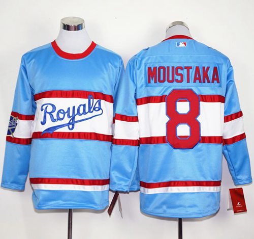 Royals #8 Mike Moustakas Light Blue Long Sleeve Stitched MLB Jersey Royals #8 Mike Moustakas Light Blue Long Sleeve Stitched MLB Jersey