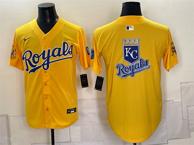 Men's Kansas City Royals Team Big Logo Gold Sluggerrr Patch Vapor Limited Stitched Baseball Jersey 001 Men's Kansas City Royals Team Big Logo Gold Sluggerrr Patch Vapor Limited Stitched Baseball Jersey 001