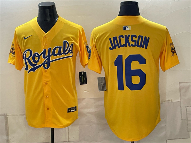 Men's Kansas City Royals #16 Bo Jackson Gold Sluggerrr Patch Vapor Limited Stitched Baseball Jersey Men's Kansas City Royals #16 Bo Jackson Gold Sluggerrr Patch Vapor Limited Stitched Baseball Jersey