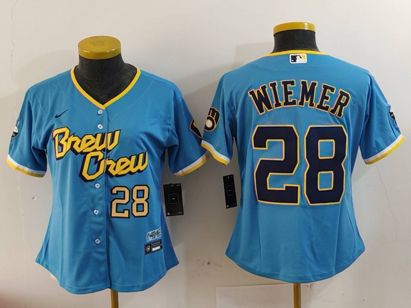 Women's Milwaukee Brewers #28 Joey Wiemer Powder Blue City Connect Cool Base Stitched Jersey 2 Women's Milwaukee Brewers #28 Joey Wiemer Powder Blue City Connect Cool Base Stitched Jersey 2